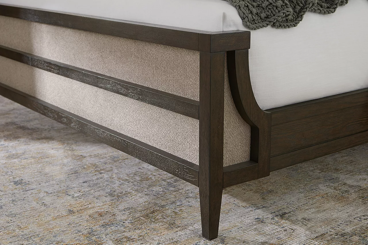 Detail of  the foot board on the upholstered Ridgewood bed